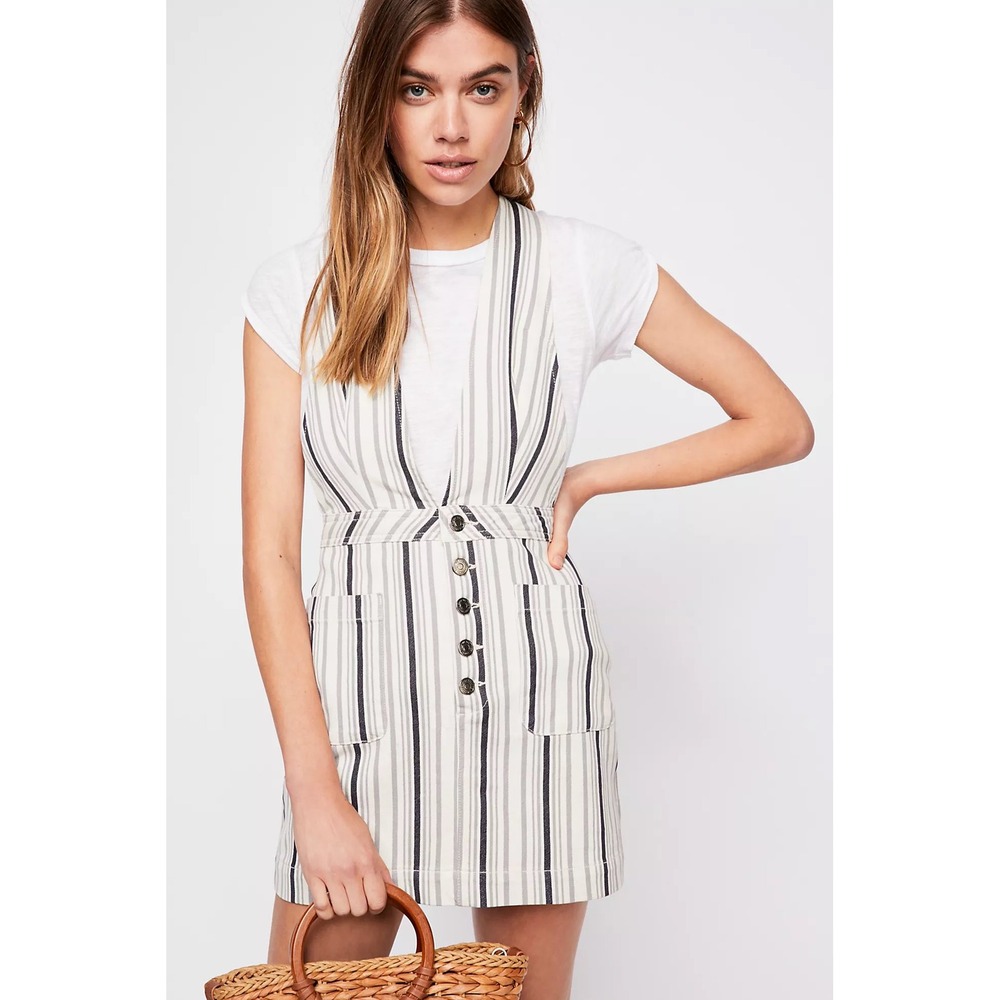 Free People Suspenders Dress Size 0 Striped Apron Jumper Denim Nautical Sailor